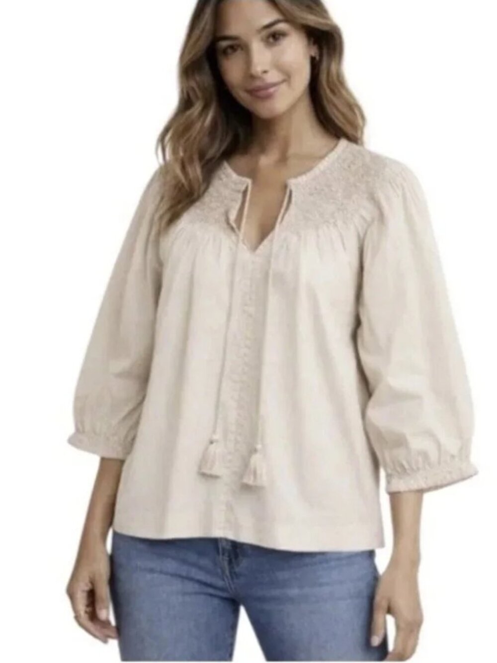 Evereve Beige Bell Sleeve Smocked Neck V-Neck Blouse Top Bohemian Boho Small